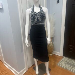 Studded Black Halter Pencil Dress with pearls
